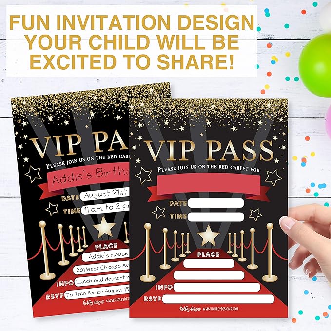 Hadley Designs Kids Birthday Invitations For Boys and Girls VIP Theme - 25 Movie Birthday Party Invitations For Boys, VIP Invites For Girls, Cute Popcorn Party Supplies, Made In USA