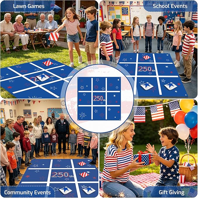 Independence Day Party Favors Tic Tac Toe Bean Bag Game,250th Anniversary Bean Bag Toss Across for Indoor Outdoor Yard Background Lawn Adults Family Night Activities 10 Bean Bags