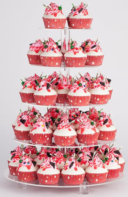 Lager Cupcake Stand for 50 Cupcakes, 5 Tier Round Cupcake Tower，Acrylic Cupcake Holder with Base for Dessert Table Wedding Birthday Party- Clear, 16 Inch