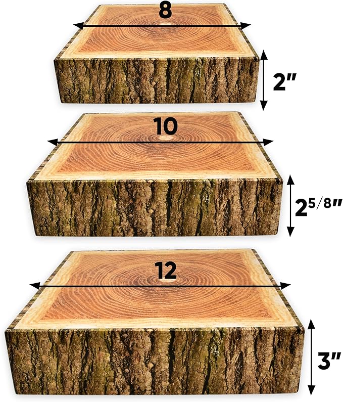 Gift Boutique Wood Look Cake Stand Holder Set of 3 Square Cardboard Dessert Display Stands 8 10 12 Inch Tree Slice Bark Base Cupcake Tray for Wedding Table Decor