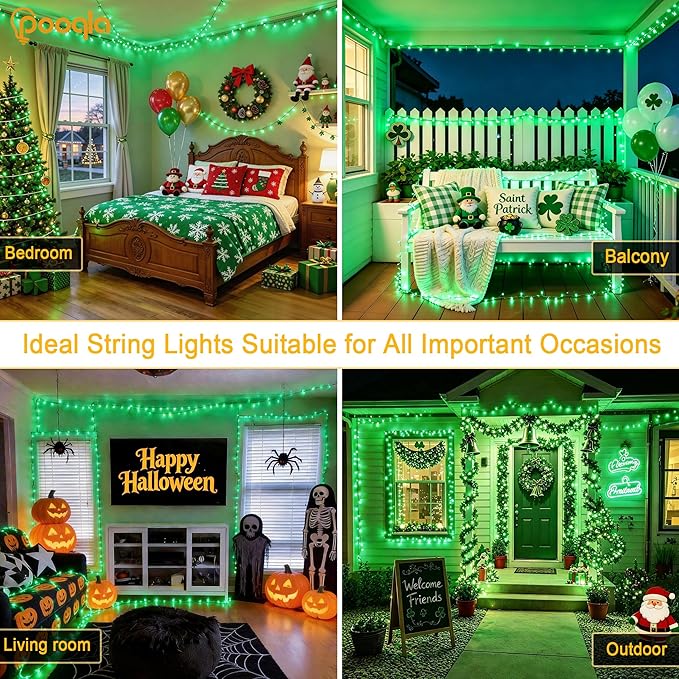 Green String Lights Outdoor Decoration, 66 ft 200 LED Green St. Patrick's Day Lights, Indoor Connectable 8 Modes Clear Wire Twinkle Fairy Light for Party St. Patrick's Day Decoration