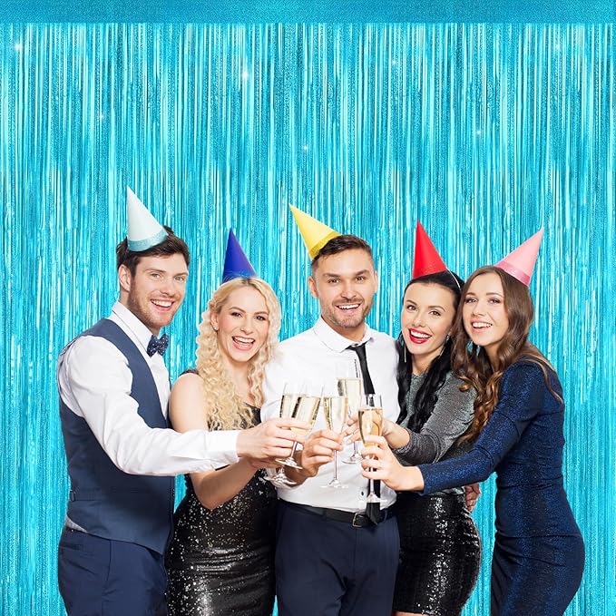 Light Blue Metallic Tinsel Foil Fringe Curtains Backdrop 2Pack 3.3x8.3Ft Blue Party Streamers for Birthday Party Decorations Halloween Christmas Decors Foil Curtain Backdrop for Bachelorette Wedding