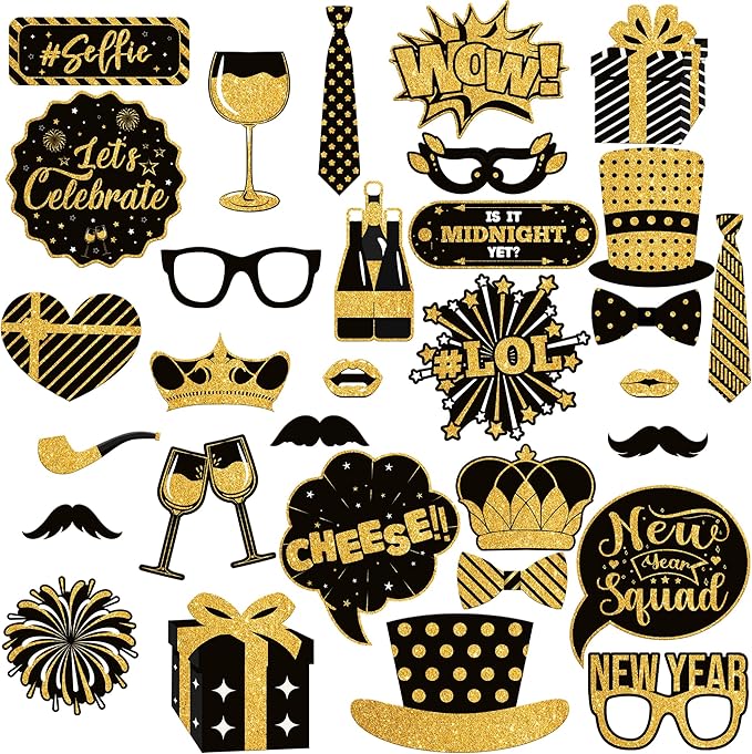 Katchon, 30 Pcs, Glitter New Years Photo Booth Props | NYE Photo Booth Props for New Years Eve Party Supplies 2026 | New Years Decorations 2026 | New Year Photo Props for NYE Decorations 2026