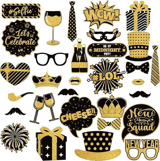 Katchon, 30 Pcs, Glitter New Years Photo Booth Props | NYE Photo Booth Props for New Years Eve Party Supplies 2026 | New Years Decorations 2026 | New Year Photo Props for NYE Decorations 2026