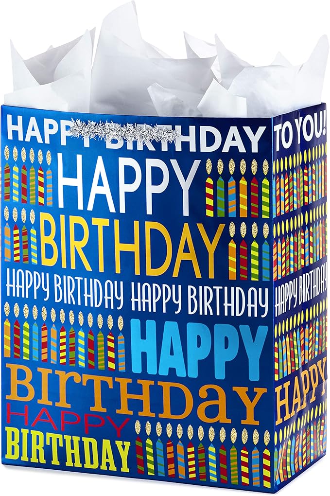 Hallmark 13" Large Birthday Gift Bag with Tissue Paper (Blue Happy Birthday, Multicolored Candles)