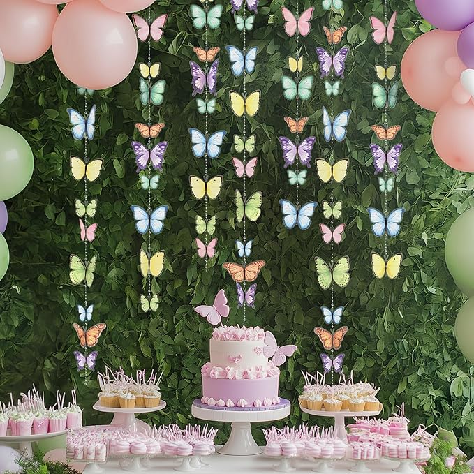 Cheerland Butterfly Garland Garden Party Decorations Pastel Floral Banner Butterflies Streamers Beads for Birthday Decoration Baby Shower Picnic Bridal Shower Spring Banner Tea Backdrop Hanging Decor