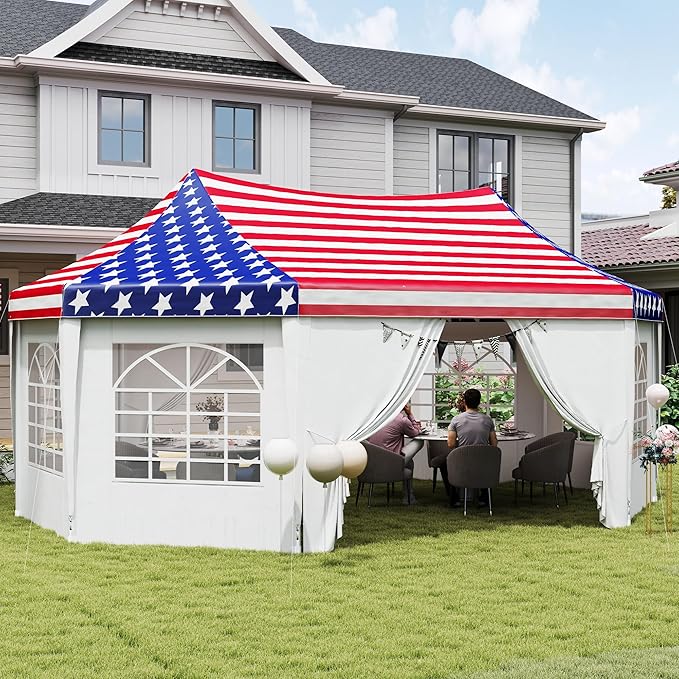 Outsunny 22.3 x 16.4 ft Party Tent, Heavy Duty Event Tent with Sidewalls, 2 Doors and 6 Windows, Outdoor Gazebo Shelter for Wedding, Party, American Flag