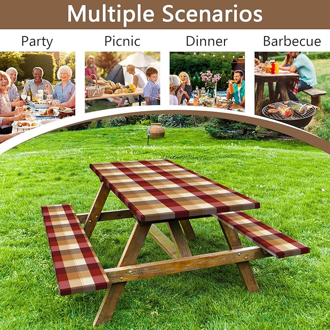 Checkered Style Picnic Table Cover with Bench Covers, Camping Essentials, Plaid Waterproof Windproof, Fitted Tablecloth Cover with Elastic Edge, for Indoor, Outdoor, 3 PCS, 30x96 Inch