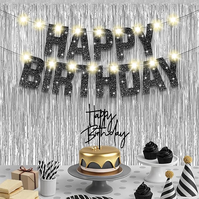 KatchOn, Black and Silver Birthday Decorations Set - Pack of 5 | Glitter Happy Birthday Banner, Silver Backdrop, Led Light, Cake Topper | Happy Birthday Decorations for Men, Women, Girls and Boys