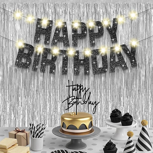 KatchOn, Black and Silver Birthday Decorations Set - Pack of 5 | Glitter Happy Birthday Banner, Silver Backdrop, Led Light, Cake Topper | Happy Birthday Decorations for Men, Women, Girls and Boys