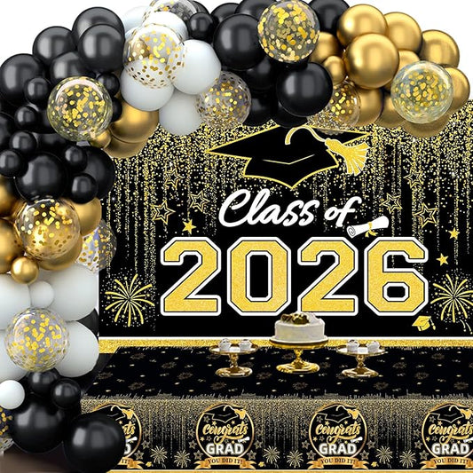 Graduation Decorations 2026, Black and Gold Balloon Garland Arch, Black and Gold Graduation Decorations with Congrats Grad Tablecloth and Class of 2026 Backdrop for High School College Grad Party