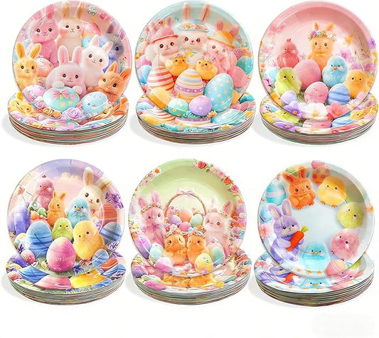 60 Pcs Paper Plates, 7 Inch Disposable Compostable Dessert Plates with Cute Bunny Chick & Egg Designs for Birthday, Kids Party, Cake, Snacks