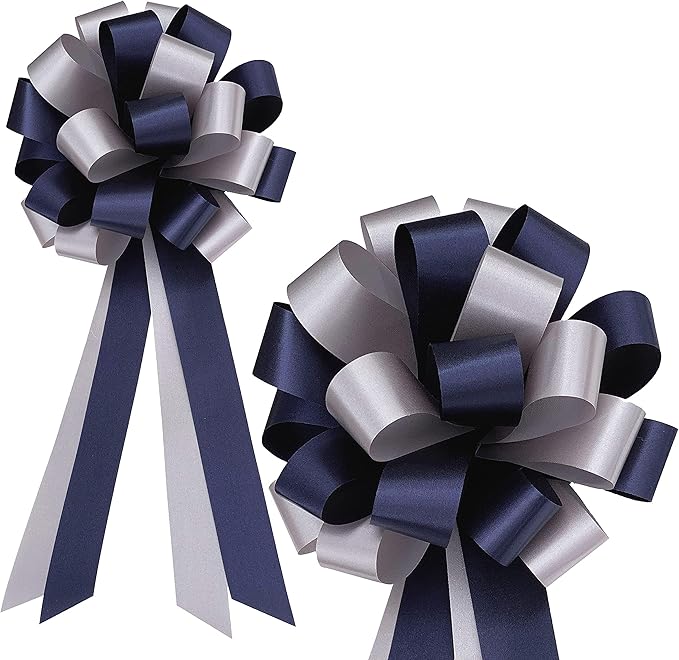 Navy Blue & Silver Decorative Pull Bows - 8" Wide, Set of 6, Police Support, Christmas, Hanukkah, Wedding Ribbons, Father's Day, School Dance, Boxing Day