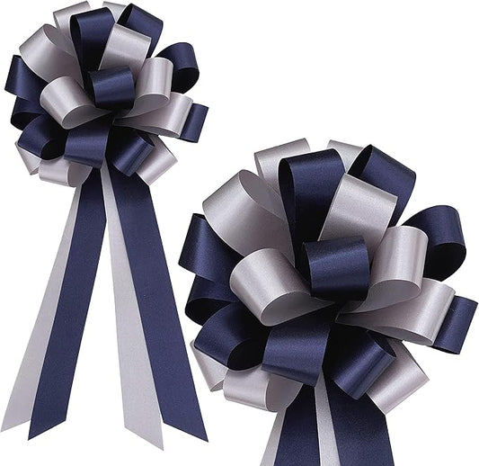 Navy Blue & Silver Decorative Pull Bows - 8" Wide, Set of 6, Police Support, Christmas, Hanukkah, Wedding Ribbons, Father's Day, School Dance, Boxing Day