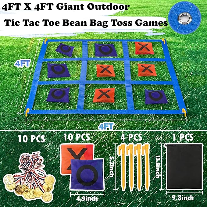 Giant Tic Tac Toe Bean Bag Toss Outdoor Games for Kids Adults Family-4X4FT Large Lawn Yard Carnival Field Day Games, Beach Backyard Camping Outside Family Reunion