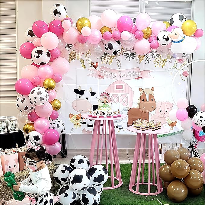 Cow Theme Balloon Arch Garland Kit, Pastel Pearl Pink Gold White Cow Print Latex Balloons Cowgirl First Rodeo Balloon Arch Kit for Girls 1st Rodeo Farm Birthday Baby Shower Party Decorations Supplies