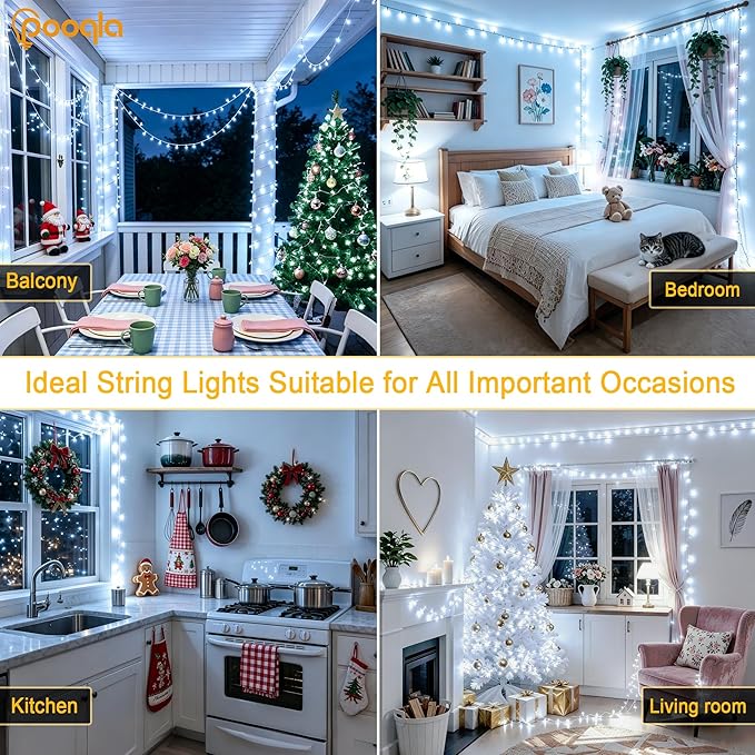 Cool White String Lights Outdoor Christmas Decoration, 66 ft 200 LED Christmas Lights Plug in, Indoor Connectable 8 Modes Clear Wire Twinkle Fairy String Lights for Xmas Tree Bedroom Holiday Party