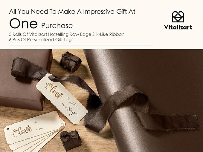 Vitalizart Brown Wrapping Paper Set 17" Pearly-Lustre With Silk Like Satin Ribbon & Gift Tags Recyclable Christmas Gift Wrapping Birthday Baby Shower Wedding Handmade Crafts 197"(16.4 Ft)