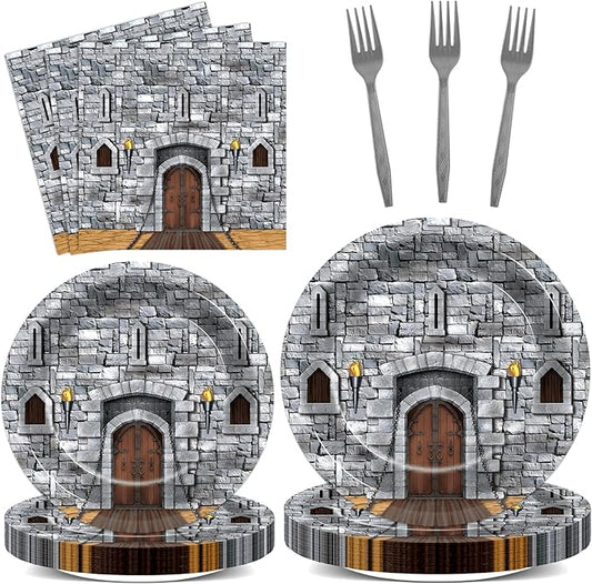 CHUNNIN 96PCS Medieval Plates Napkin Halloween Castle Party Decorations Castle Knight Birthday Dessert Plates Medieval Themed Tableware Set for 24 Guests Kids Birthday Baby Shower Party Supplies