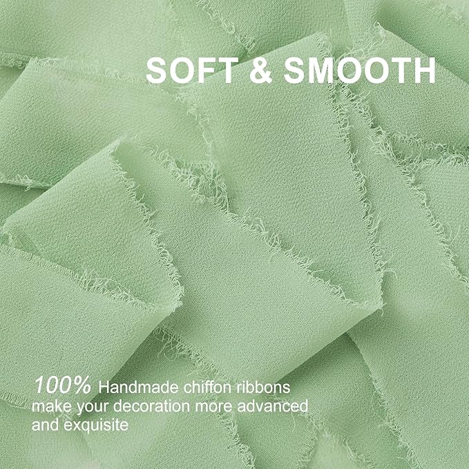 Sage Green Chiffon Ribbon 1.5" x 21 Yd Handmade Fringe Silk Chiffon Fabric Ribbon for Gift Wrapping Wedding Invitation Bridal Flower Bouquet DIY Crafts Home Decor