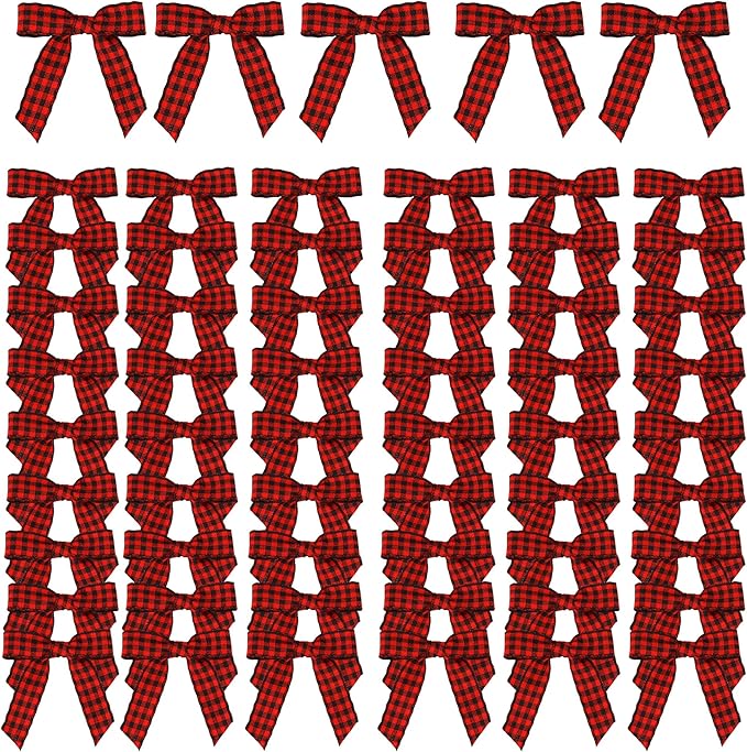 Meseey 100 Pcs 1.5 Inches Premade Craft Bows Self Adhesive Black and Red Plaid Satin Ribbon Bows for Treat Bags Gift Wrapping Basket Wedding Baby Shower Brithday Party(Red and Black Plaid)