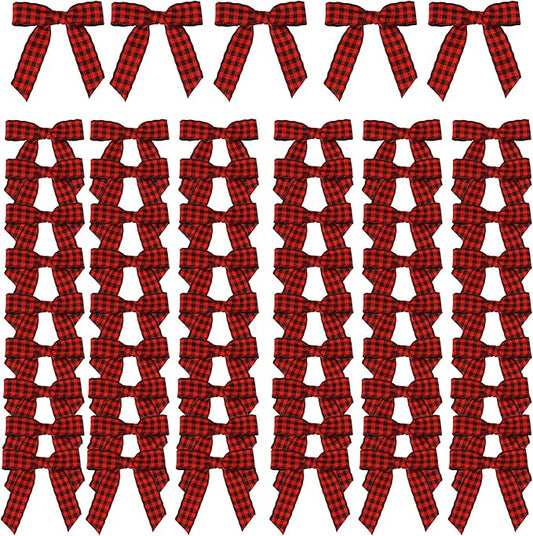 Meseey 100 Pcs 1.5 Inches Premade Craft Bows Self Adhesive Black and Red Plaid Satin Ribbon Bows for Treat Bags Gift Wrapping Basket Wedding Baby Shower Brithday Party(Red and Black Plaid)