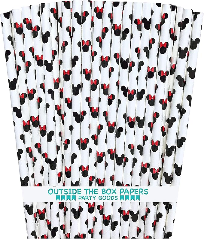 Mickey and Minnie Mouse Inspired Paper Straws - Black Red White - 7.75 Inches - 100 Pack - Outside the Box Papers Brand