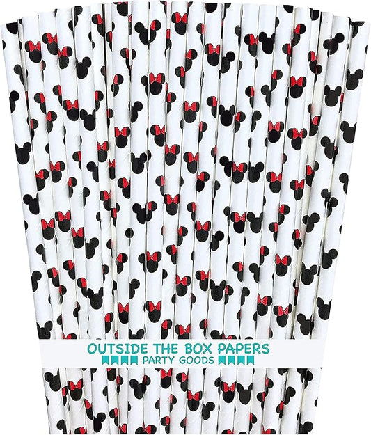 Mickey and Minnie Mouse Inspired Paper Straws - Black Red White - 7.75 Inches - 100 Pack - Outside the Box Papers Brand