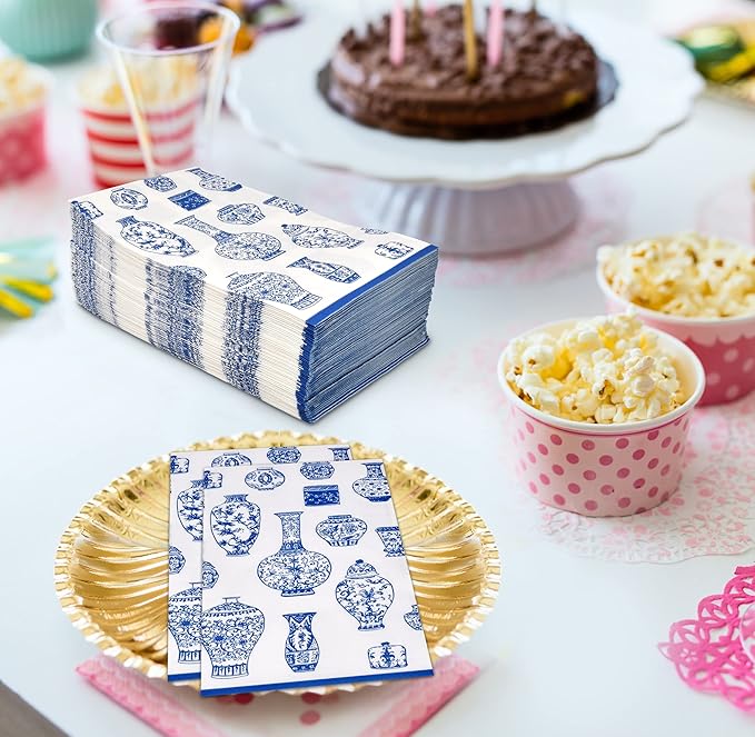 Gift Boutique 100 Blue Floral Vase Guest Napkins 3 Ply Disposable Paper Hand Towels for Bathroom Wedding Holiday Bridal Shower Birthday Party Decor