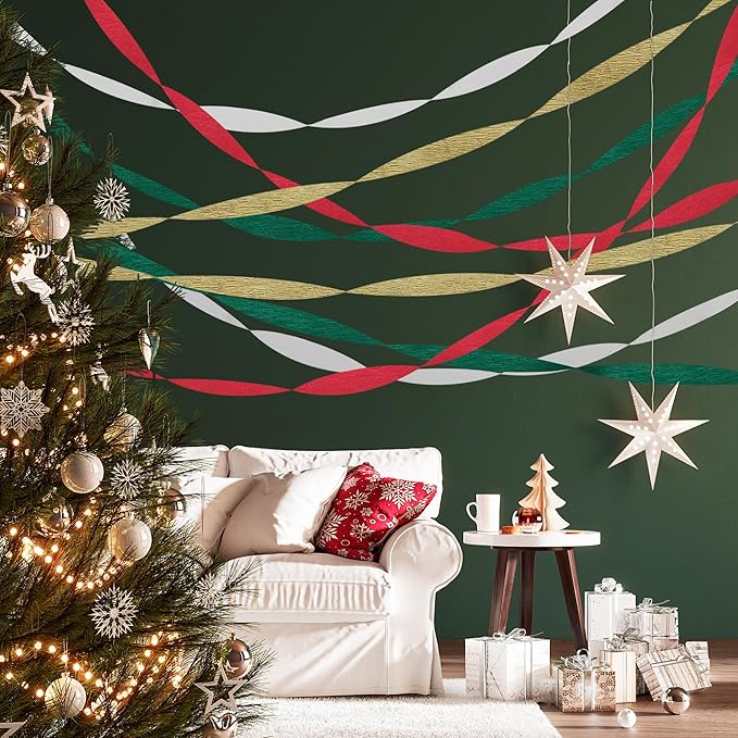 8 Rolls Christmas Crepe Paper Streamers Red Green Gold and White Streamers for Christmas Party Decorations Birthday Baby Shower Gender Reveal Wedding Graduation Party Decorations DIY Crafts
