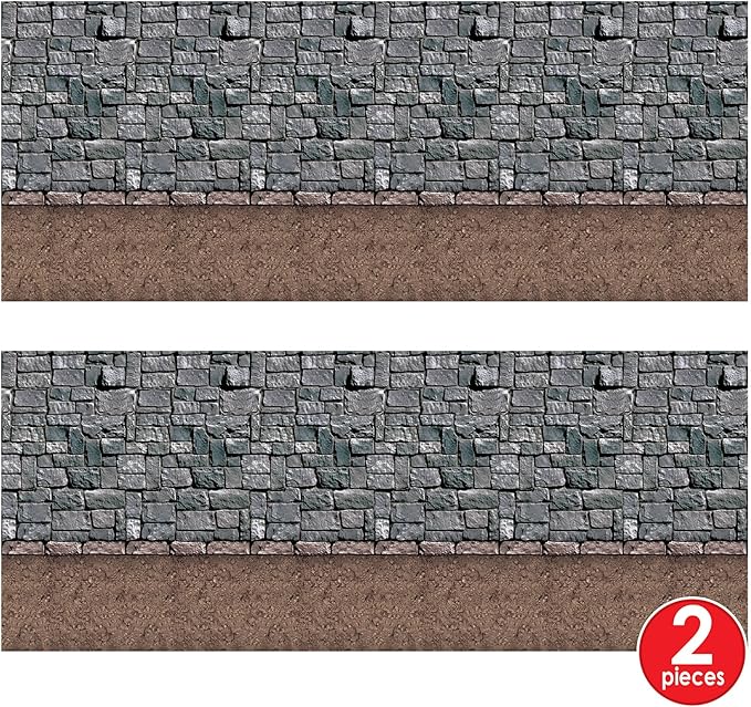 Beistle Stone & Dirt Floor Wall Backdrops, 4’ x 30’, Pack of 2 – Medieval Party Decorations, Medieval Decor Background, Easy to Adhere Wall Covering, Stone Backdrop, Halloween Party Decorations