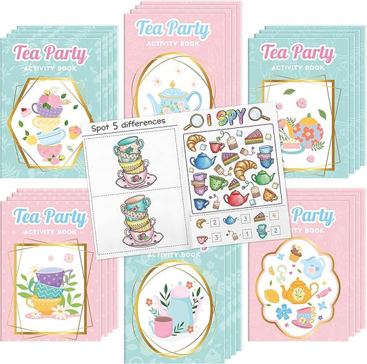 Tea Party Activity Books for Kids - 24Pcs Tea Time Themed Mini Game Coloring Booklet Bulk Maze Word Scramble Word Search Coloring Books for Birthday DIY Party Favor Goodies Bag Filler Classroom Reward