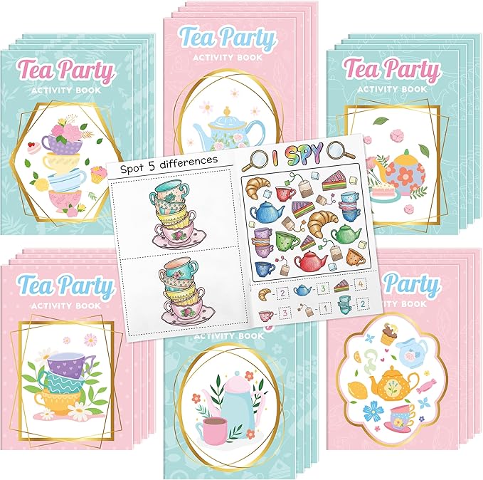 Tea Party Activity Books for Kids - 48Pcs Tea Time Themed Mini Game Coloring Booklet Bulk Maze Word Scramble Word Search Coloring Books for Birthday DIY Party Favor Goodies Bag Filler Classroom Reward