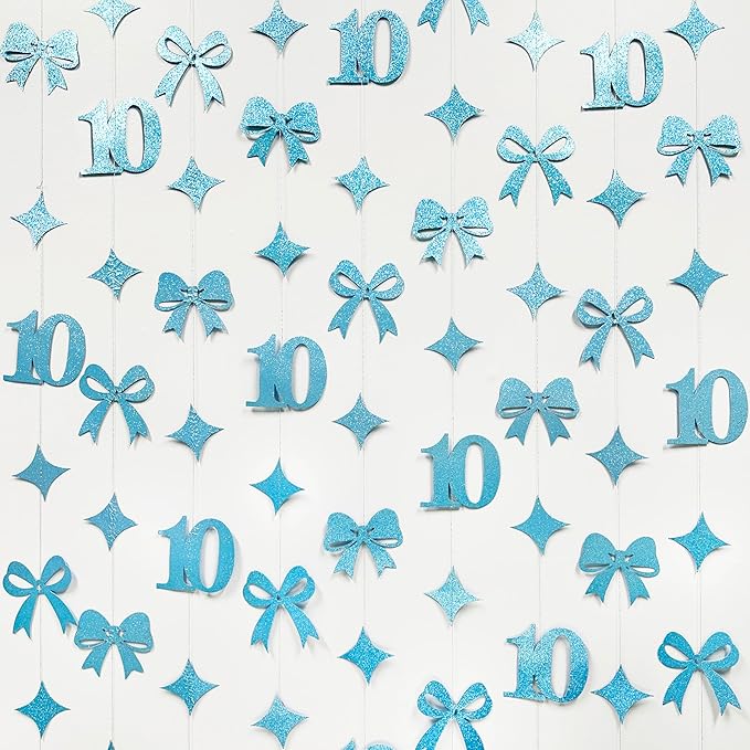 Glitter Blue 10th Bow Birthday Decorations Teal Blue Conquette Bow Garland Streamer Banner Backdrop for Girls Happy 10th Birthday Double Digits I'm 10 Cheers to 10 Years Old Anniversary Party Supplies