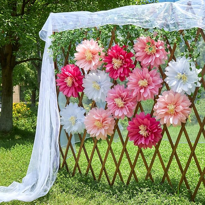 12 Pcs Pink Tissue Paper Flowers Daisy Tissue Paper Pom Poms Party Decorations Spring Party Decoration Paper Flowers Decorations for Wall Backdrop Garden Wedding Decor