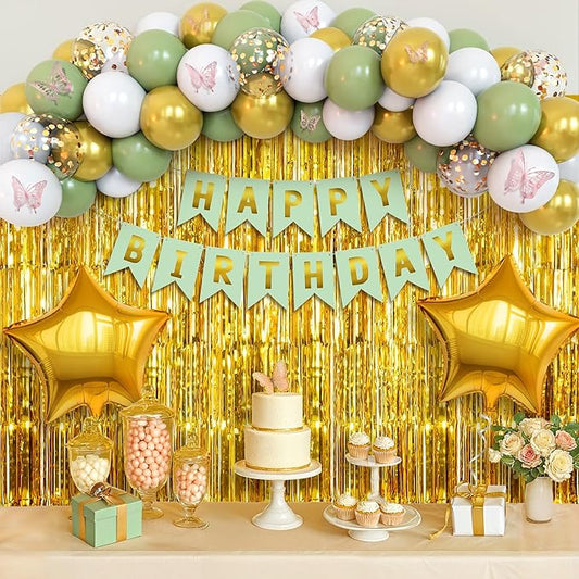KatchOn, Sage Green Birthday Decorations - Pack of 51 | Happy Birthday Banner, Latex Balloons Arch Kit, Gold Fringe, Star Foil Balloons, Butterfly Theme Decor | Birthday Decorations for Women, Men