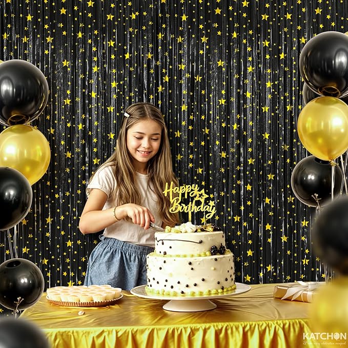 KatchOn, XtraLarge Black Streamers, Pack of 2 | Star Fringe Backdrop for Black Birthday Decorations | Star Tinsel Backdrop for Prom Send Off Decoration Grauation Backdrop Graduation Decorations 2026