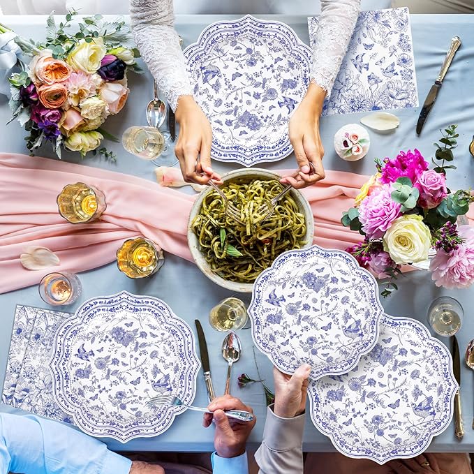 FYSUIMU 60 Pcs Blue White Floral Tableware Set Chinoiserie Flower Bird Scalloped Disposable Plates and Paper Napkins for 20 Guests Wedding Birthday Party Table Supplies