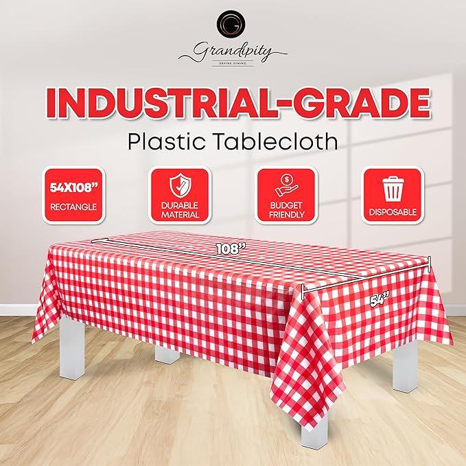 Grandipity Red Gingham Checkered Plastic Table Cloth Disposable (6 Pk) 54in x 108in Plastic Tablecloths for Rectangle Tables - Premium Party Table Cloths Disposable for 6ft to 8ft Rectangle Tables