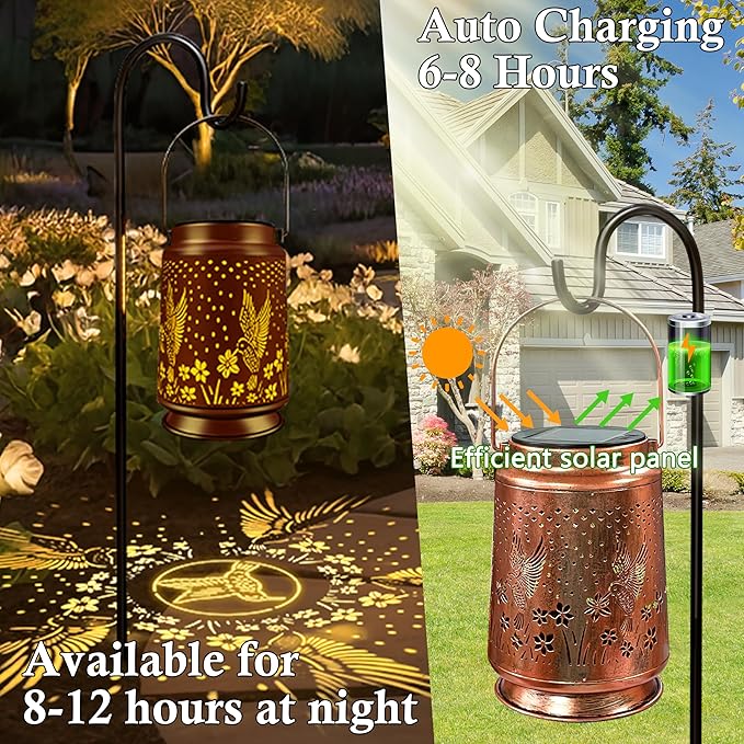 KY&BOSAM Solar Lanterns Outdoor Waterproof Hummingbird Lantern Garden Decor Birthday Gifts for Women Mom Solar Lanterns for Outside Hanging LED Metal Openwork Lights for Yard Backyard Porch Pathway