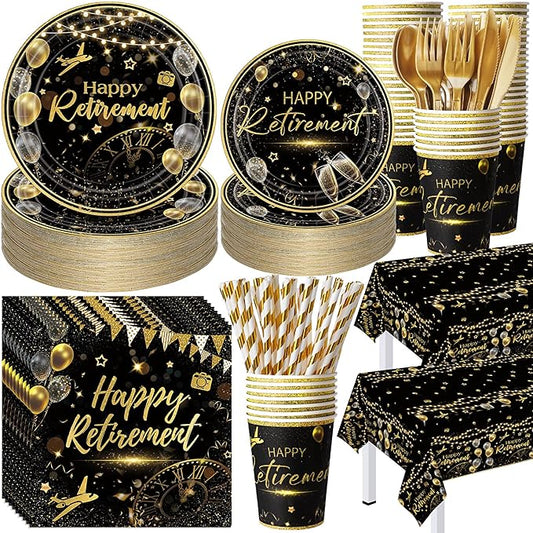 Potchen 452 Pcs Party Supplies Serve 50 Guests, Paper Plates Napkins Cups Cutlery Plastic Tablecloth Dinnerware for Birthday Wedding Party Decoration (Black Gold, Happy Retirement)