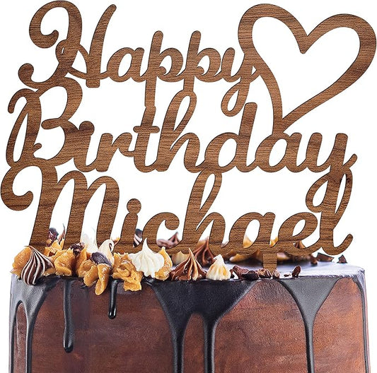 Personalized Birthday Cake Topper - Happy Birthday Cake Toppers w/Name and Heart - Custom Wooden Cake Decorations, Birthday Cake Topper for Birthday Party - 3 Wooden Options