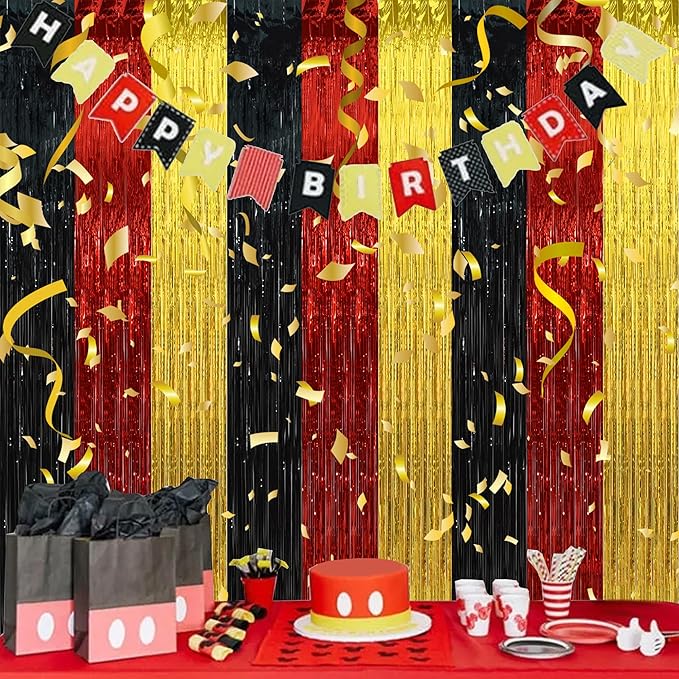 BEISHIDA 3Pcs Black Red Gold Door Streamer Colorful Backdrop Foil Fringe Tinsel Curtains Cartoon Mouse Backdrops for Birthday Baby Shower Children's Day New Year Party Decoration (3.28 ft x 6.56 ft)