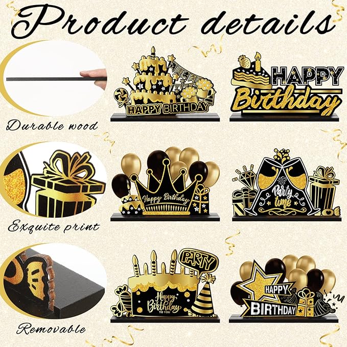 Leinuosen 6 Pieces Happy Birthday Table Centerpiece Black and Gold Happy New Year Wooden Sign Table Topper Party Decoration for Women Men Birthday Baby Shower Photo Booth, 6 Designs