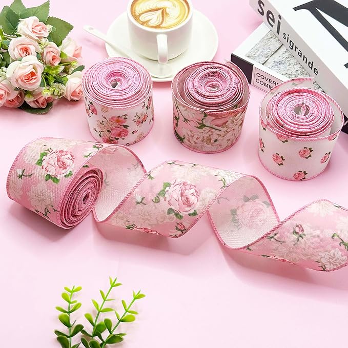 Pink Floral Ribbon with Wire, Vintage Rose Wired Ribbon for Bow Making, Wreath Craft, Gift Wrap, Spring Summer Holiday Wedding Birthday Baby Shower Party Home Decor,4 Rolls,2.5 Inch (Pink)