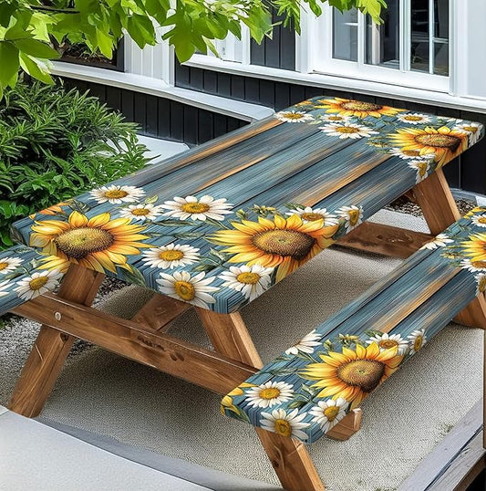 Picnic Table Cover with Bench Covers Camping Essentials Waterproof Windproof Camping Tablecloth with Drawstring Bag, Fitted Rectangle Tables and Seats, 96in, Teal Wooden Sunflower