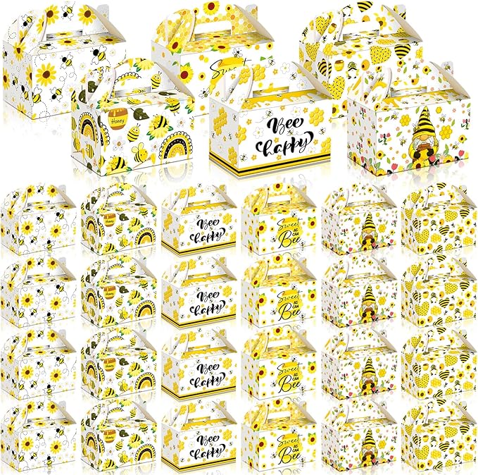 Dunzoom 24 Pcs Bee Festival Decor Bee Gnome Boxes Candy Boxes with Handles Treat Goodie Gift Bags for Birthday Baby Shower Party Supplies