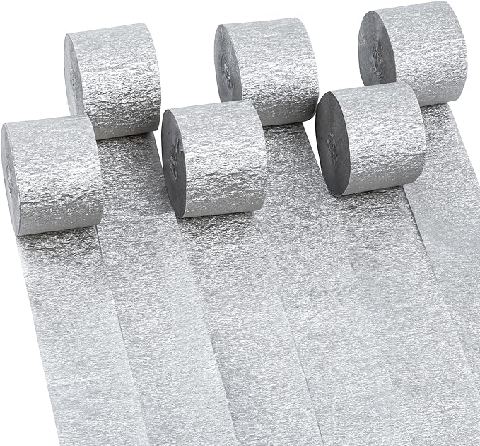 Crepe Paper Streamers 6 Rolls 492ft,Pack of Silver Streamers Party Decorations,Crepe Paper Roll for Birthday,Wedding,Bachelorette,Bridal Shower Decorations (1.8 Inch x 82 Ft/Roll)