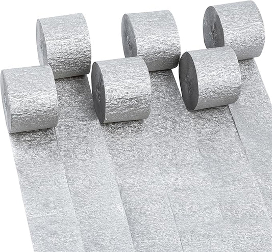 Crepe Paper Streamers 6 Rolls 492ft,Pack of Silver Streamers Party Decorations,Crepe Paper Roll for Birthday,Wedding,Bachelorette,Bridal Shower Decorations (1.8 Inch x 82 Ft/Roll)