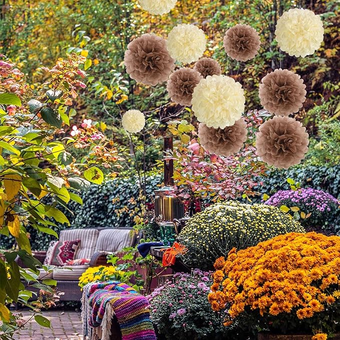 20 PCS Coffee Tissue Paper Pom Poms, Tissue Pom Poms Flowers, Sizes of 6", 10", 12", 14" Hanging Paper Flower Ball for Wedding, Birthday, Halloween, Christmas, Baby Shower Party Decor
